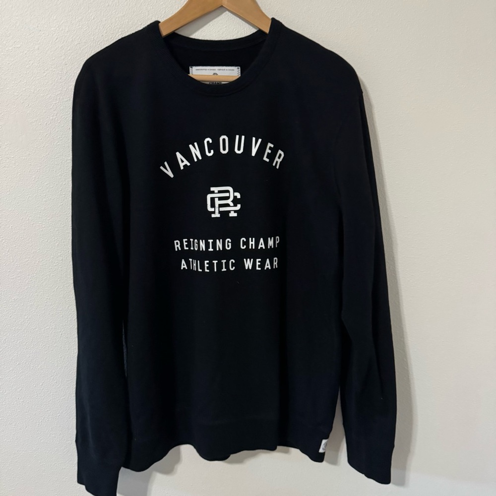 Reigning Champ Vancouver Crewneck Sweatshirt Black Spellout Graphic Athleisure-L